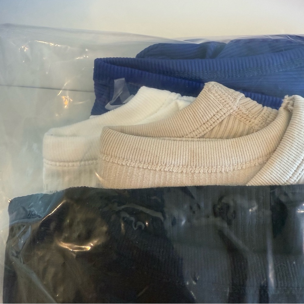 (4) Four Tees and Tanks - Blue, White, Tan and Black Ribbed Tops